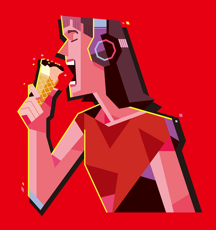 江崎グリコ「ジャイアントコーン」のキャンペーン用キービジュアルイラスト。コーンのザクザクとした食感や美味しさが立体的に強調されたポップなイラストレーション。